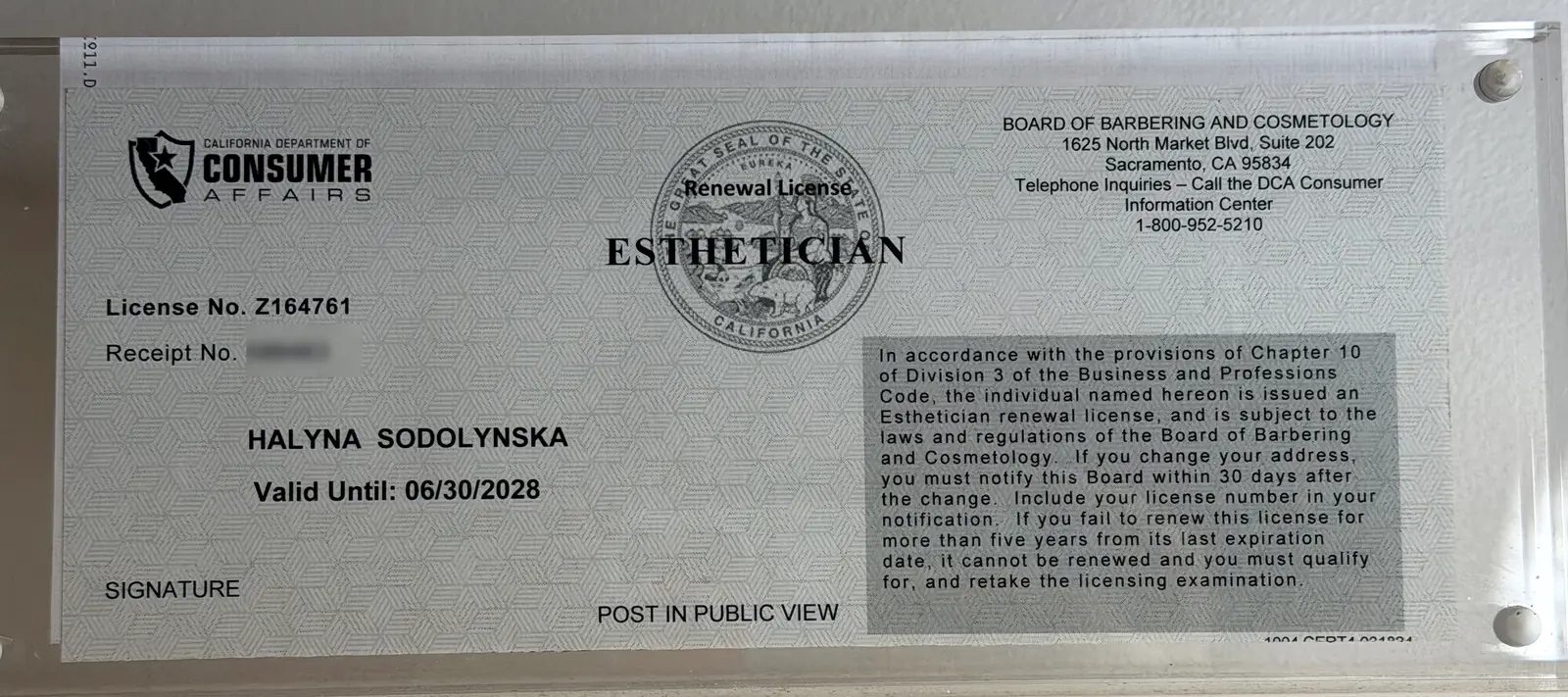 California Department of Consumer Affairs esthetician license issued to Halyna Sodolynska, valid until June 2028
